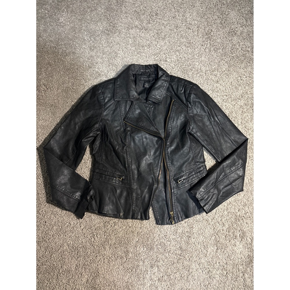 INC International Concepts Womens Black Faux Leather Peplum Moto Jacket Small